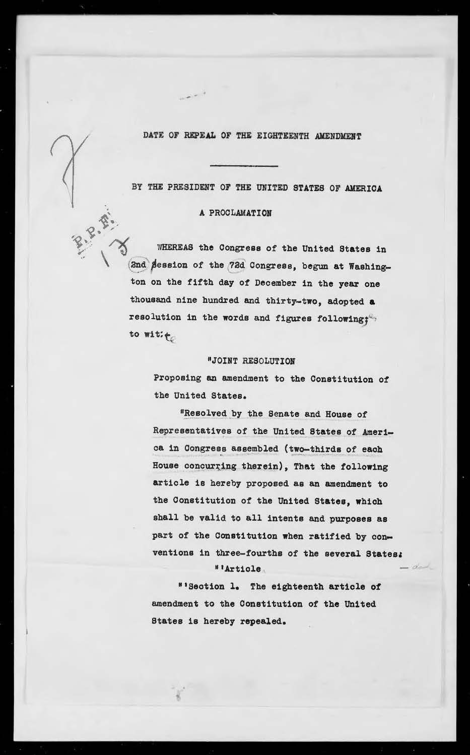Typescript draft of Proclamation 2065 headed Date of Repeal of the Eighteenth Amendment.