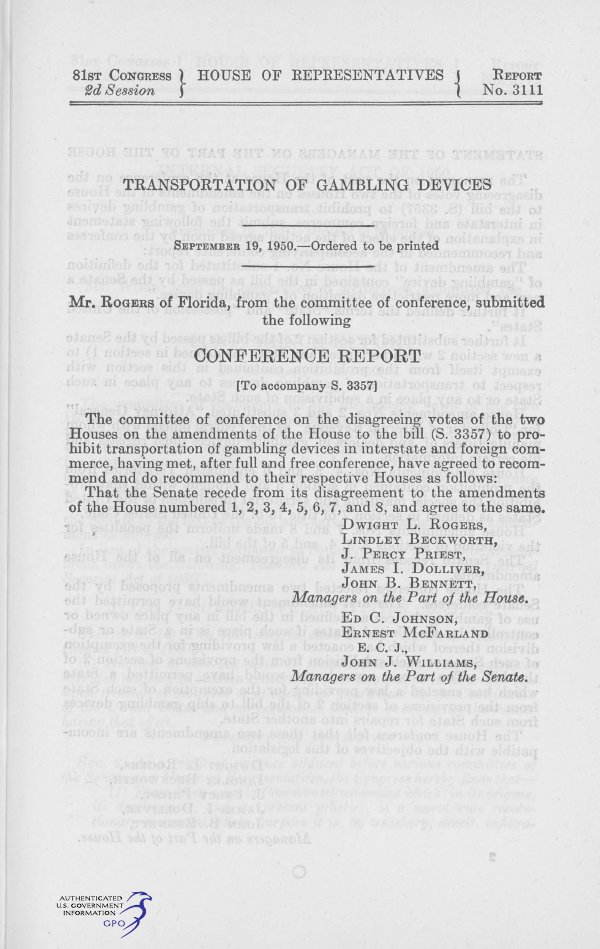 First page of House Report No. 3111, 81st Congress, 2d Session: Transportation of Gambling Devices, September 19, 1950, conference report to accompany S. 3357, with the names of the House and Senate managers