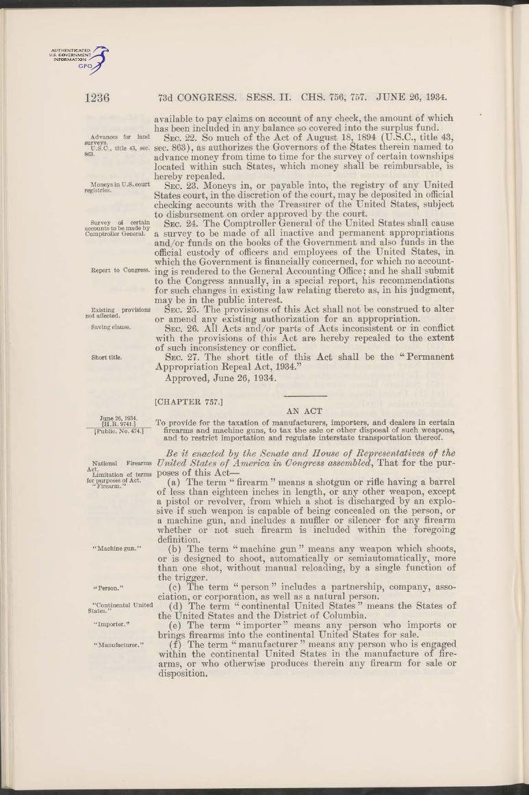 Page 1236 of the Statutes at Large, volume 48, headed "73d Congress. Sess. II. Chs. 756, 757. June 26, 1934." The end of chapter 756 fills the top half; chapter 757, "An Act to provide for the taxation of manufacturers, importers, and dealers in certain firearms and machine guns," begins below with its definitions.
