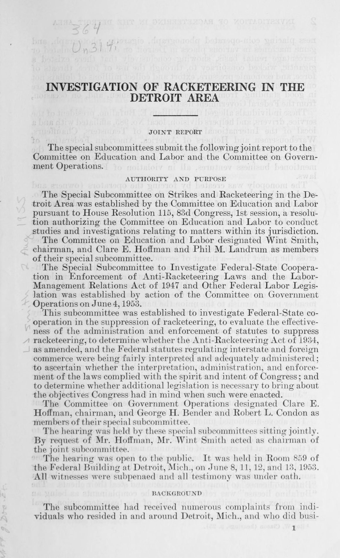 First page of the House joint report "Investigation of Racketeering in the Detroit Area," with sections headed Authority and Purpose and Background.