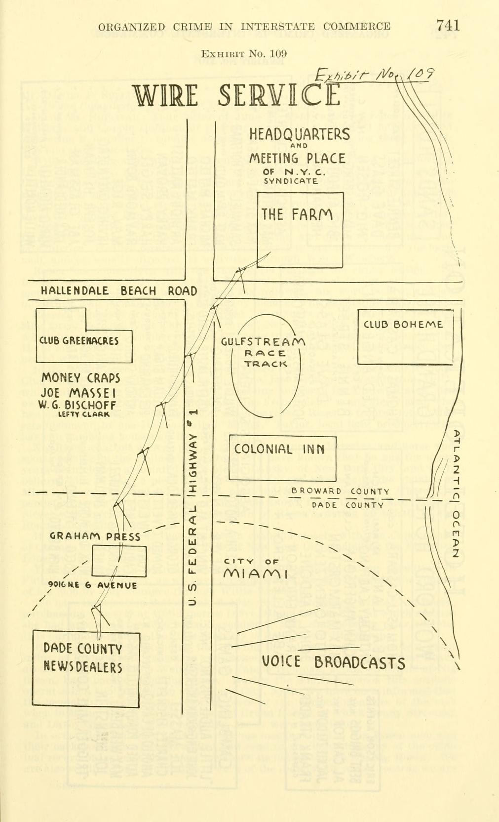 Exhibit No. 109, a hand-drawn map headed "Wire Service", with U.S. Federal Highway No. 1 running north and south, boxes for The Farm, Club Greenacres, Gulfstream Race Track, Colonial Inn and Club Boheme, the Broward County and Dade County line, and lines to Dade County newsdealers and "voice broadcasts".