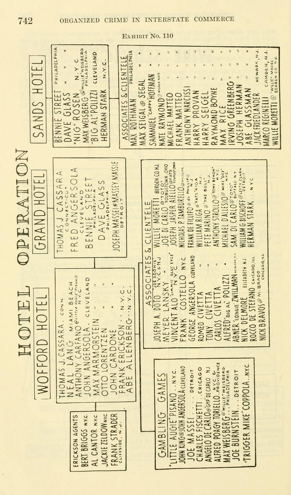 Exhibit No. 110, a chart printed sideways and headed "Hotel Operation", with boxes for the Wofford, Grand and Sands hotels and long lists of names and cities under "Associates & Clientele", "Erickson Agents" and "Gambling Games".