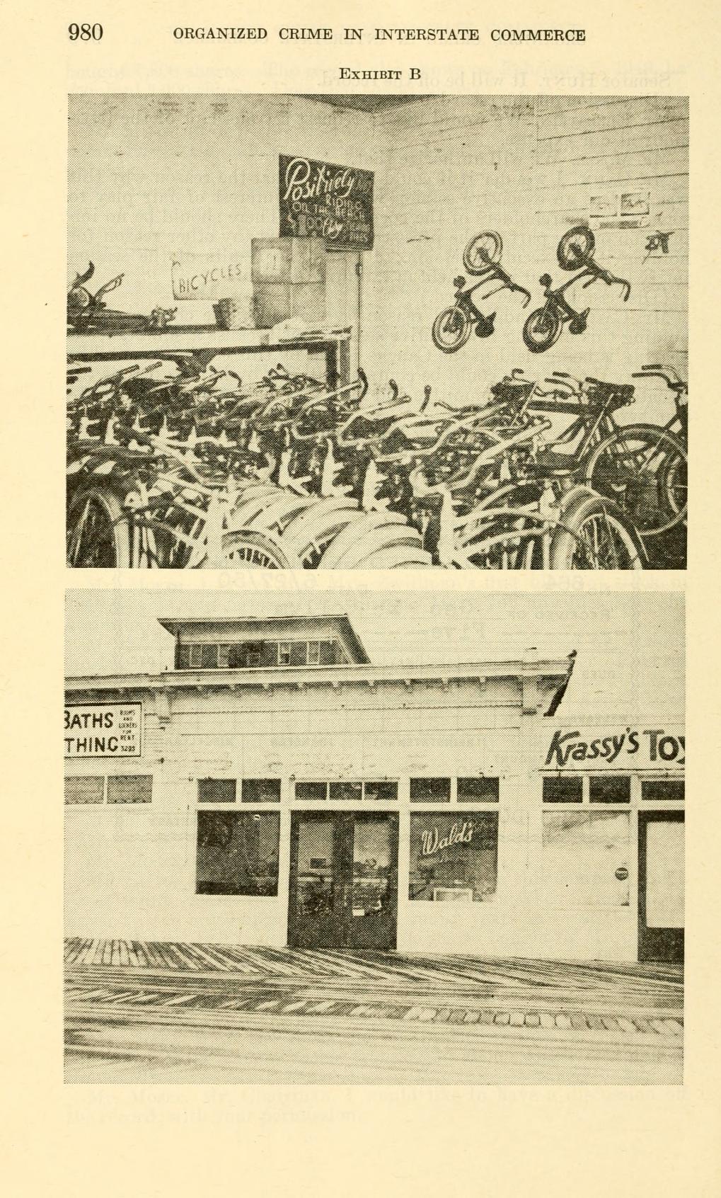 Exhibit B, two photographs on one page: above, a shop interior with bicycles hung on the wall and parked in rows; below, a shop front on a boardwalk with signs including "Krassy's Toys".