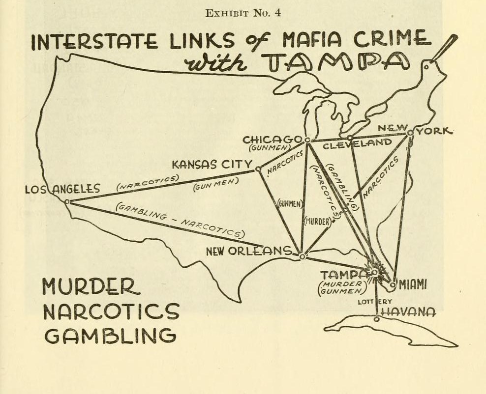 Exhibit No. 4, an outline map of the United States headed "Interstate Links of Mafia Crime with Tampa", with lines from Tampa to Los Angeles, Kansas City, Chicago, Cleveland, New York, New Orleans, Miami and Havana labelled narcotics, gambling, gunmen and murder.