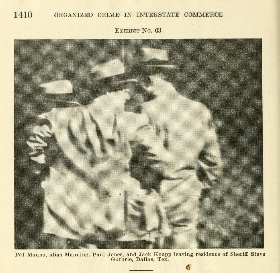 Exhibit No. 63, a grainy photograph of three men in hats seen from behind as they walk away from the camera at night, with the caption "Pat Manno, alias Manning, Paul Jones, and Jack Knapp leaving residence of Sheriff Steve Guthrie, Dallas, Tex."