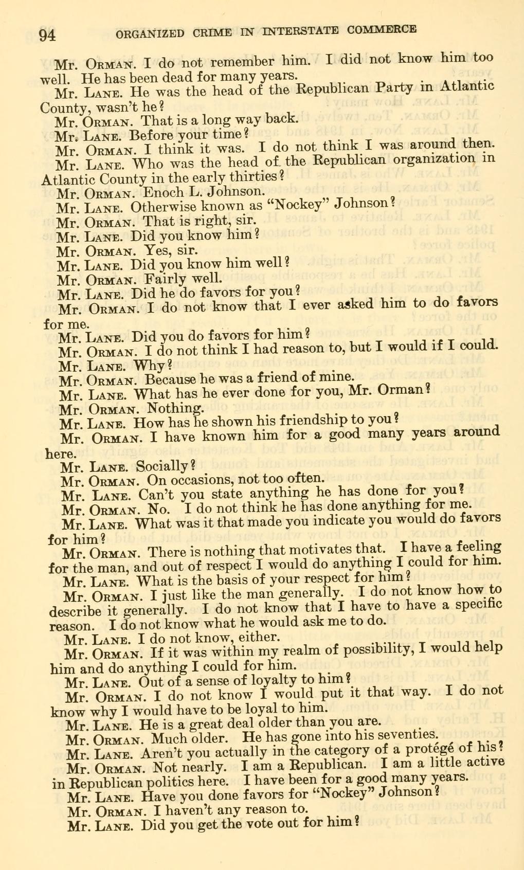 Printed page 94 of Kefauver Committee hearings Part 18: counsel Lane asks Herman Orman who headed the Republican organization in Atlantic County, and Orman answers Enoch L. Johnson.