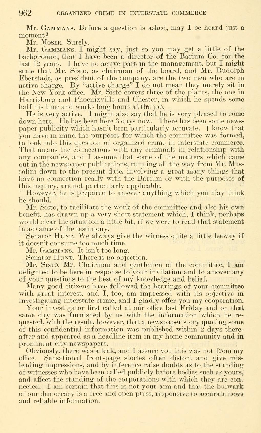 Printed page 962 of Kefauver Committee hearings Part 18: Nelson Gammans, a director of Barium Steel, asks to be heard first and describes the company and the press publicity.