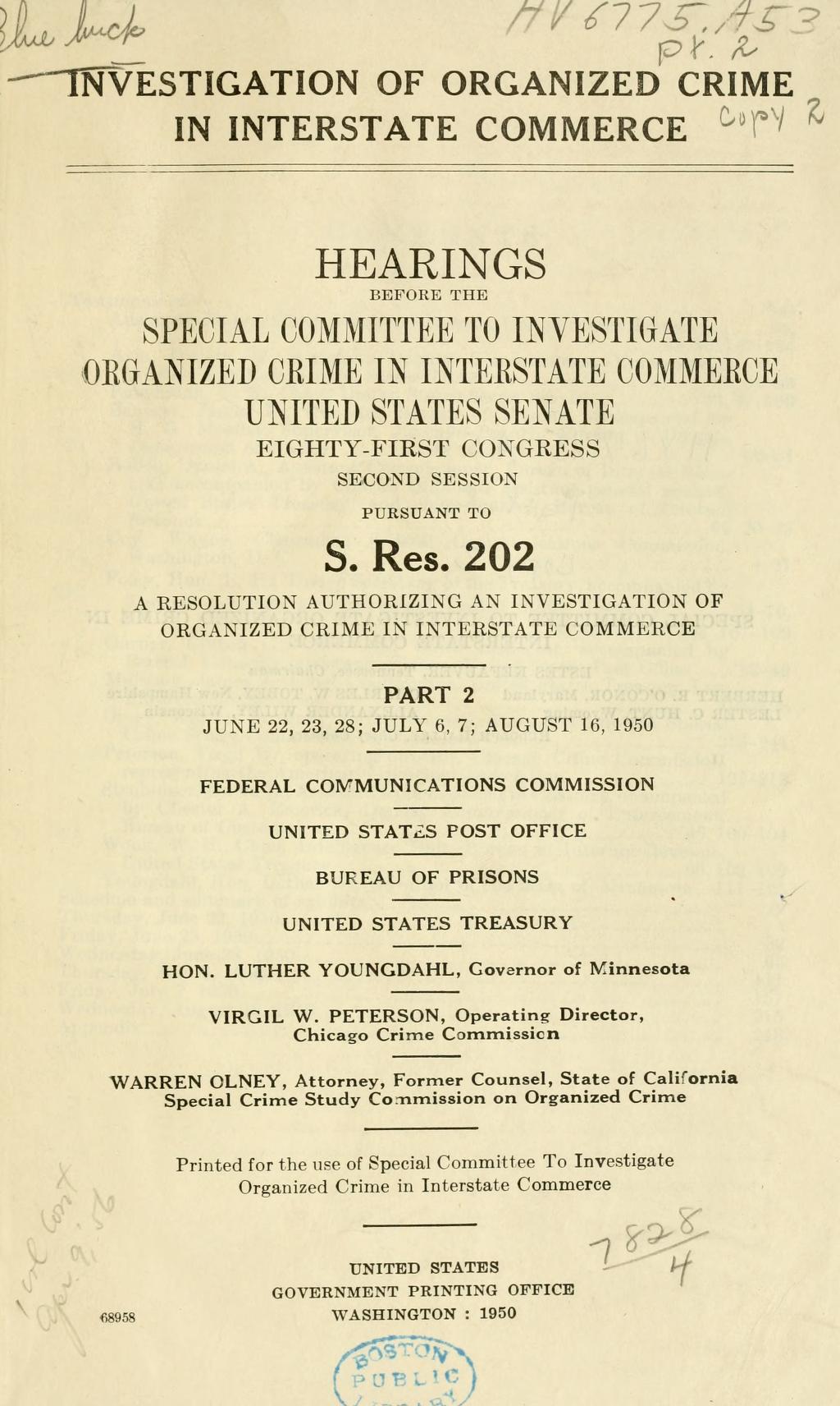 Title page of the printed hearings before the Special Committee to Investigate Organized Crime in Interstate Commerce, United States Senate, pursuant to S. Res. 202, headed "Part 2, Federal Communications Commission and United States Post Office".