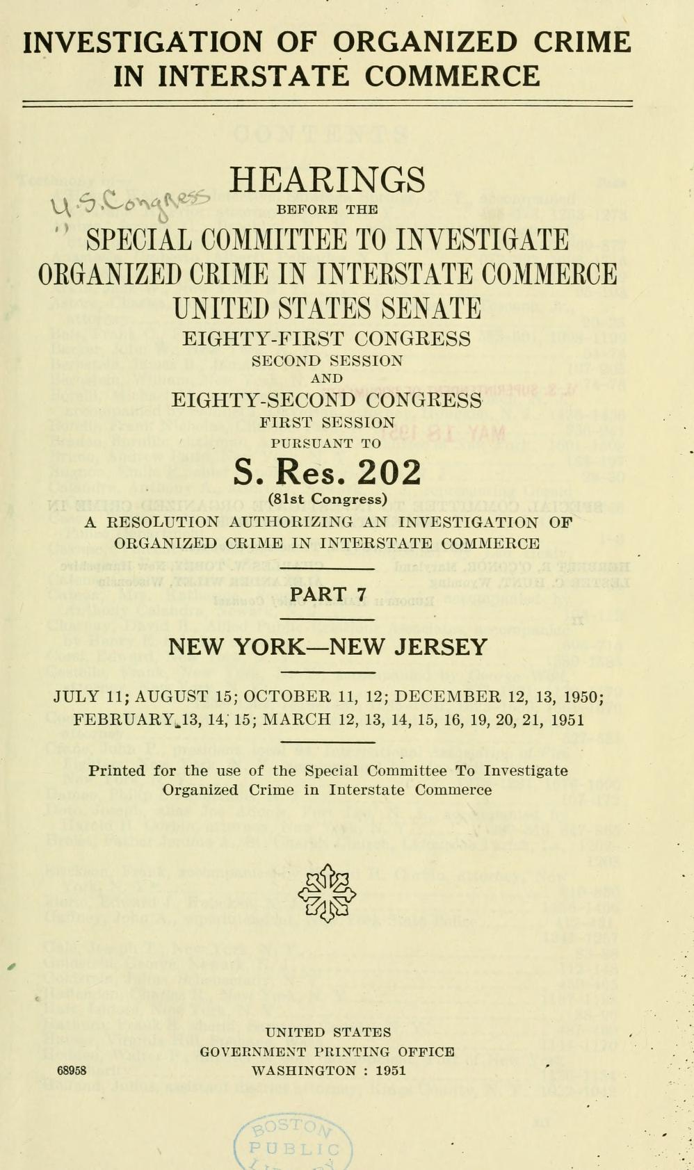 Title page of the printed hearings before the Special Committee to Investigate Organized Crime in Interstate Commerce, United States Senate, pursuant to S. Res. 202, headed "Part 7, New York-New Jersey".