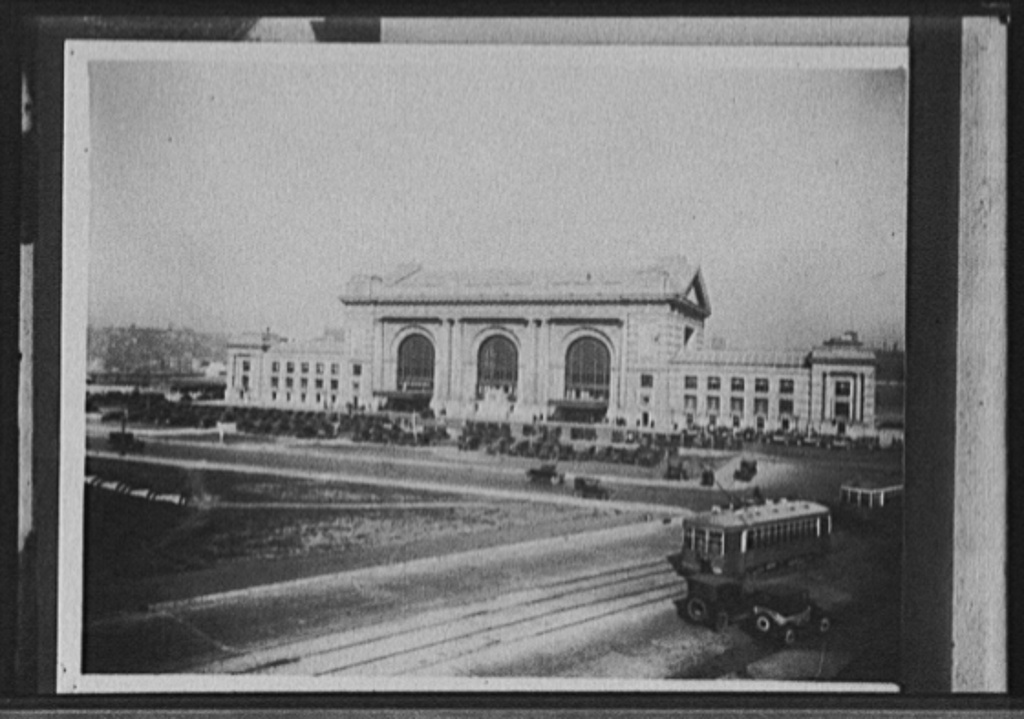 A black-and-white photograph of the Union Station building in Kansas City, Missouri