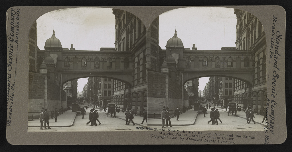 Stereograph view of the Tombs, New York City's prison, and the Bridge of Sighs.