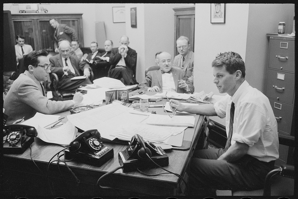 Robert Kennedy speaking to reporters in Washington, 20 January 1958.