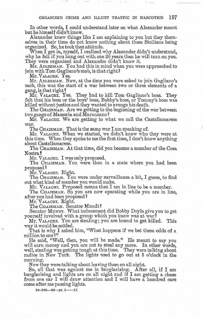 Printed page 157 of the 1963 hearings, Part 1 (NCJRS PDF page 162): Valachi's answers to Adlerman and the chairman, including "We are getting to what we call the Castellamarese war."