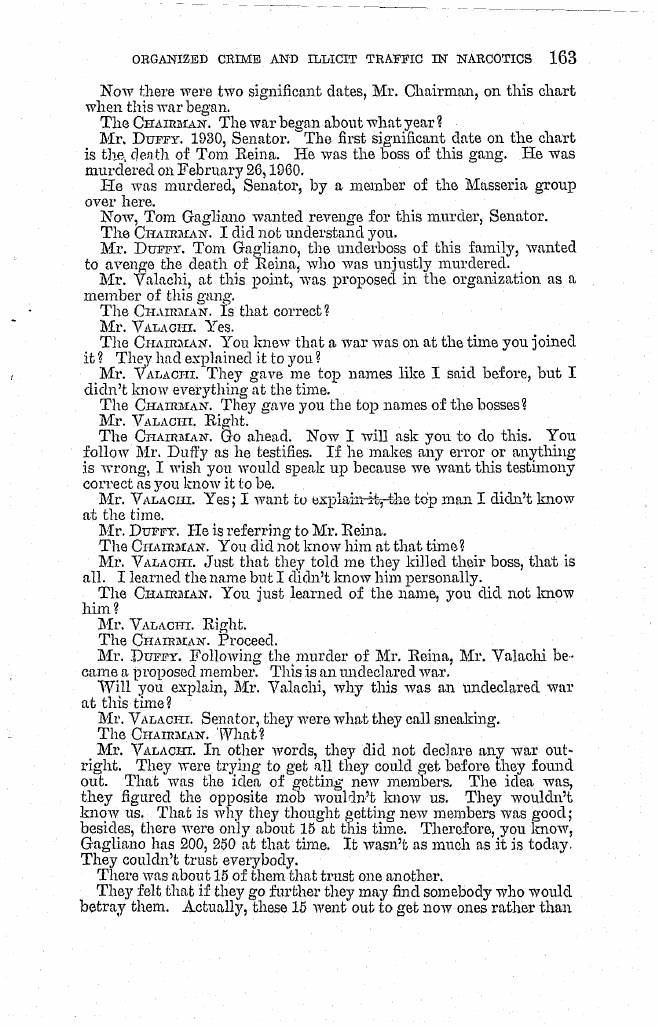 Printed page 163 of the 1963 hearings, Part 1 (NCJRS PDF page 178): Duffy on "the death of Tom Reina," with the date printed "February 26, 1960," and Valachi's answer "they were what they call sneaking."