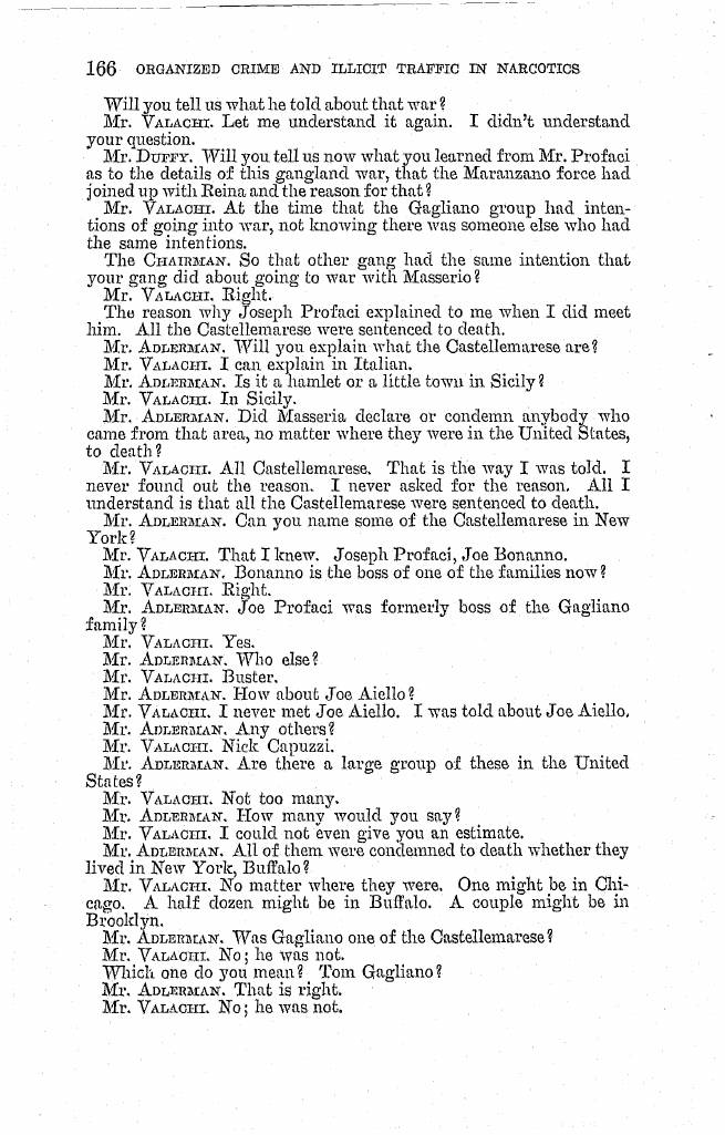 Printed page 166 of the 1963 hearings, Part 1 (NCJRS PDF page 181): Valachi explains that Castellammare is "In Sicily" and that "All the Castellemarese were sentenced to death."