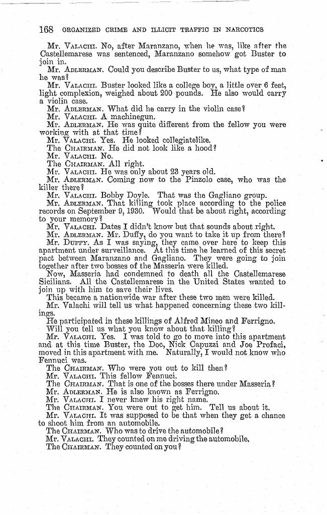 Printed page 168 of the 1963 hearings, Part 1 (NCJRS PDF page 183): Adlerman on the Pinzolo case, Duffy on Masseria's condemnation of "all the Castellemarese Sicilians," and Valachi beginning his account of the apartment watch.