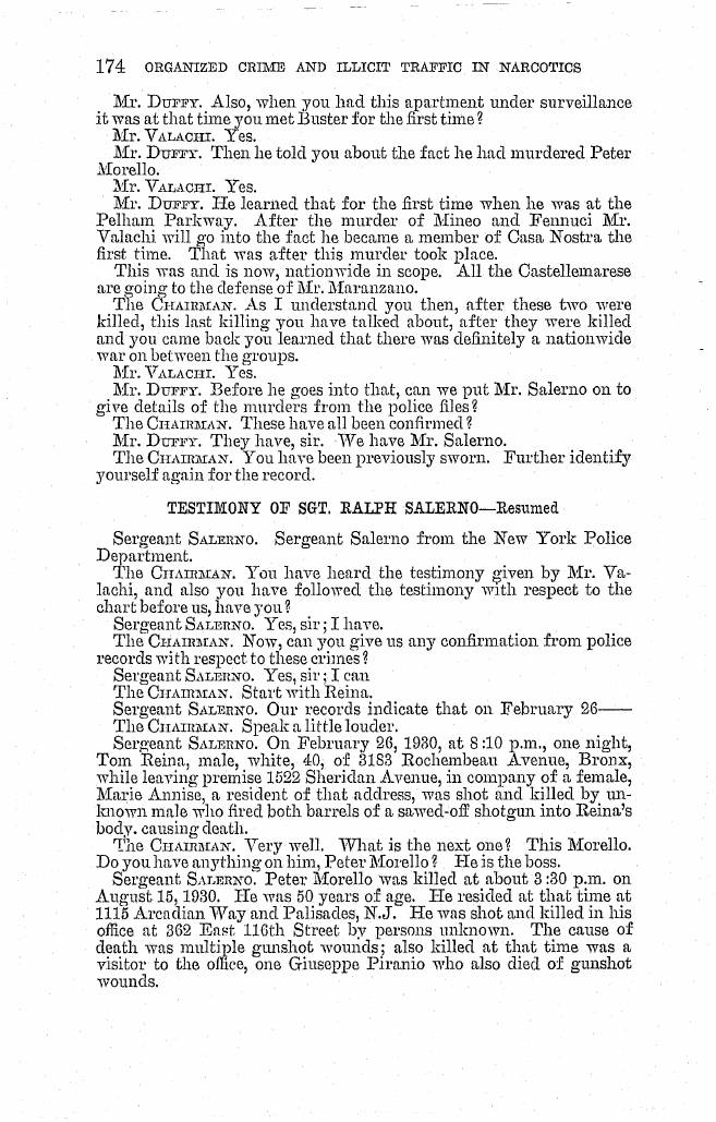 Printed page 174 of the 1963 hearings, Part 1 (NCJRS PDF page 189): the heading "Testimony of Sgt. Ralph Salerno—Resumed" and his reading of the police records on Tom Reina and Peter Morello.