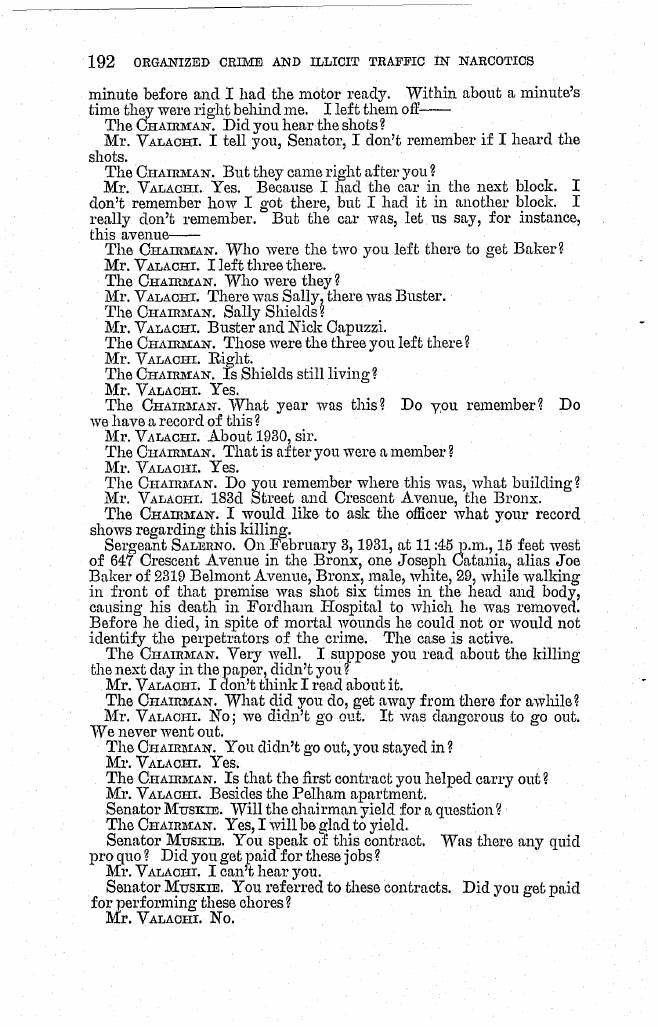 Printed page 192 of the 1963 hearings, Part 1 (NCJRS PDF page 207): Valachi names "183d Street and Crescent Avenue, the Bronx," and Sergeant Salerno reads the police record of Joseph Catania's shooting on February 3, 1931.