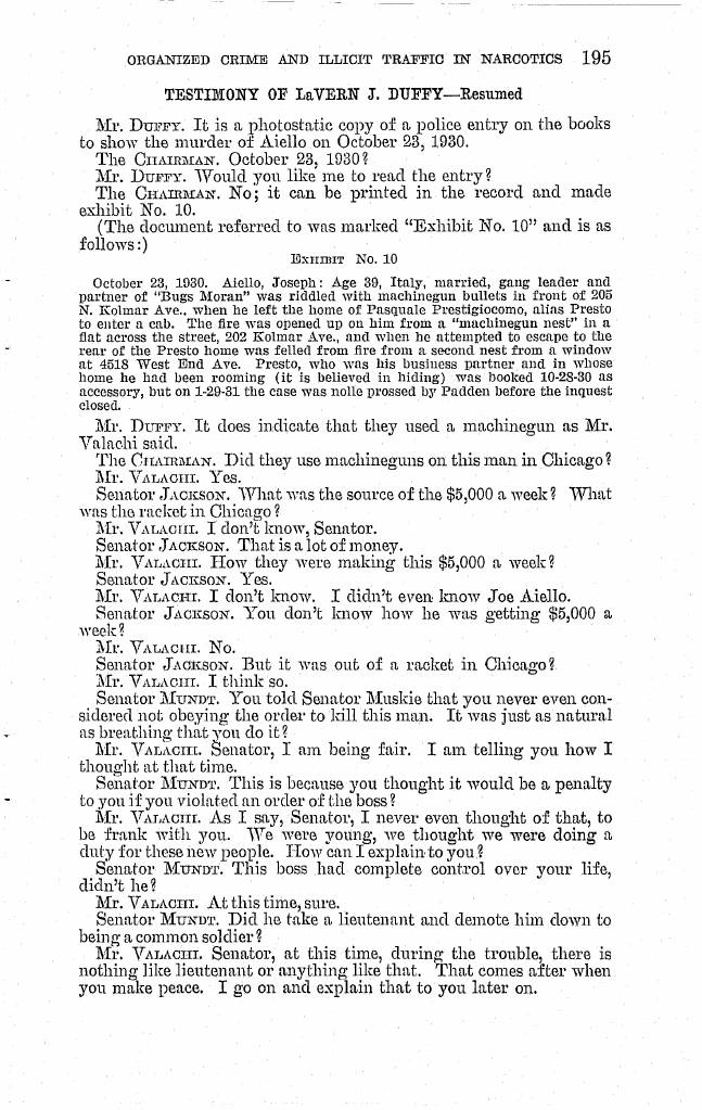 Printed page 195 of the 1963 hearings, Part 1 (NCJRS PDF page 210): Duffy identifies a photostatic copy of a police entry, printed as Exhibit No. 10, on the killing of Joseph Aiello on October 23, 1930.