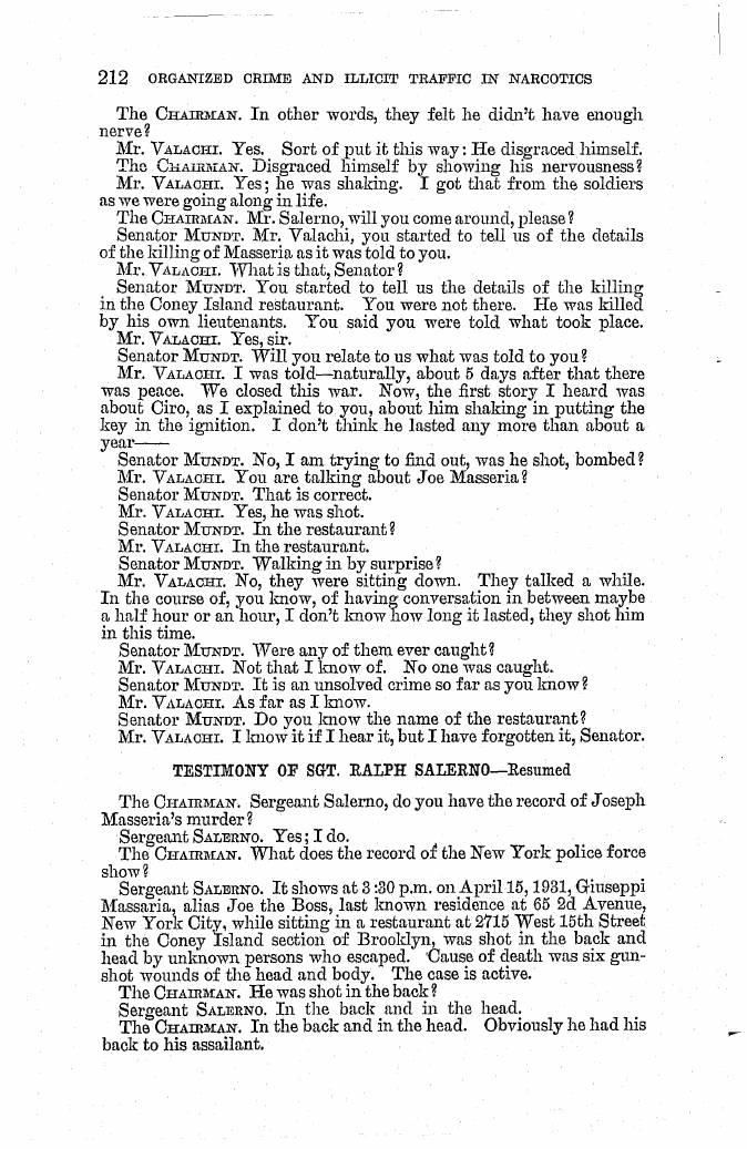 Printed page 212 of the 1963 hearings, Part 1 (NCJRS PDF page 226): Valachi says he has forgotten the name of the restaurant, and Sergeant Salerno reads the police record of Masseria's killing on April 15, 1931.