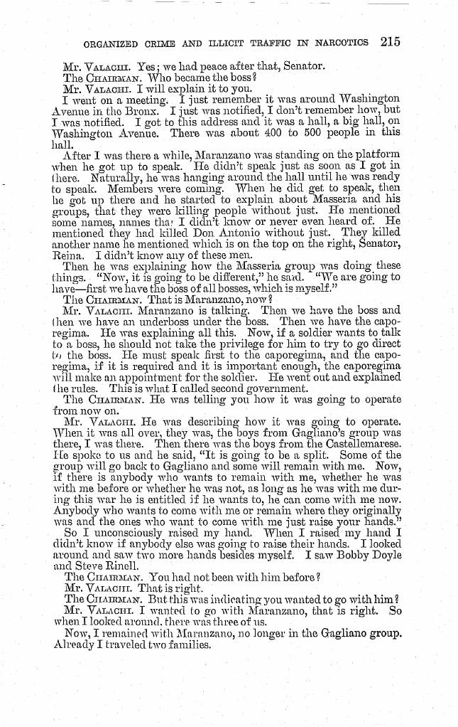 Printed page 215 of the 1963 hearings, Part 1 (NCJRS PDF page 229): Valachi describes the meeting in a hall on Washington Avenue in the Bronx and quotes Maranzano, "first we have the boss of all bosses, which is myself."