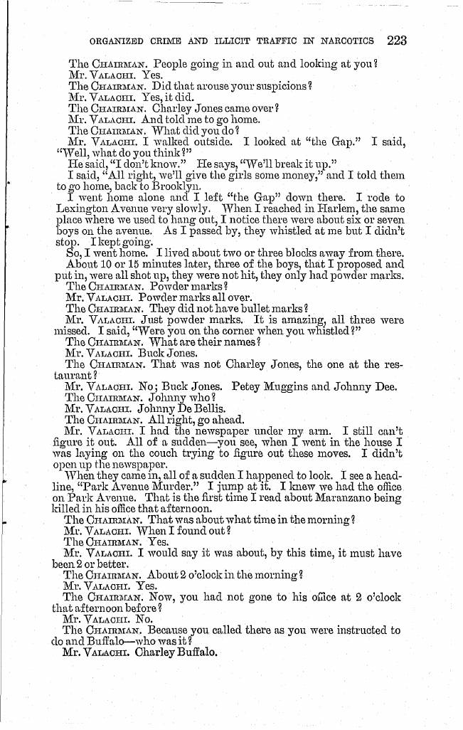 Printed page 223 of the 1963 hearings, Part 1 (NCJRS PDF page 237): Valachi recalls seeing the headline "Park Avenue Murder" and reading that Maranzano had been killed in his office that afternoon.
