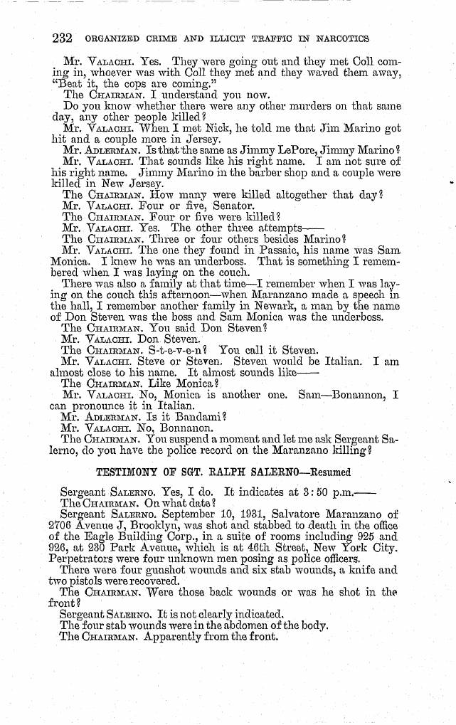 Printed page 232 of the 1963 hearings, Part 1 (NCJRS PDF page 246): Valachi on "Sam Monica" and "Don Steven," and Sergeant Salerno reading the police record of Maranzano's killing on September 10, 1931 at 230 Park Avenue.