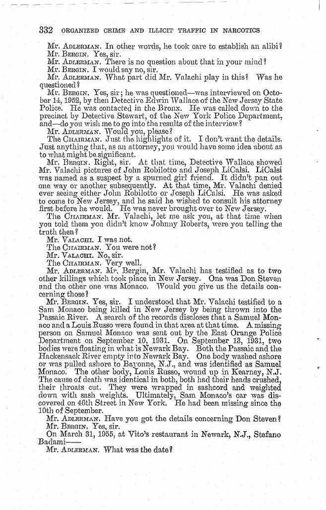 Printed page 332 of the 1963 hearings, Part 1 (NCJRS PDF page 359): Bergin's testimony that two bodies were found floating in Newark Bay on September 13, 1931, identified as Samuel Monaco and Louis Russo.
