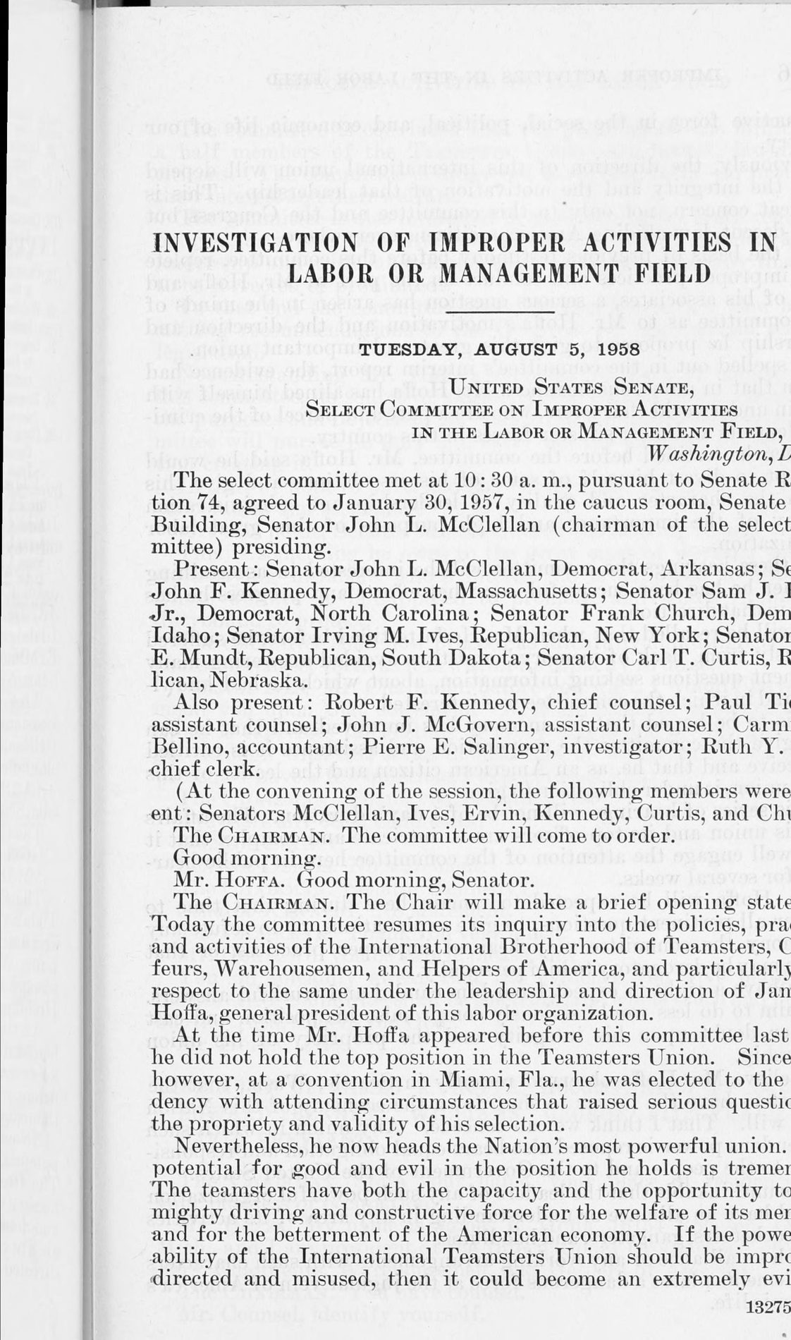 Printed page 13275 of the McClellan Committee hearings, Tuesday, August 5, 1958, cut off at the right margin in the scan: the chairman's opening statement on Mr. Hoffa as general president.