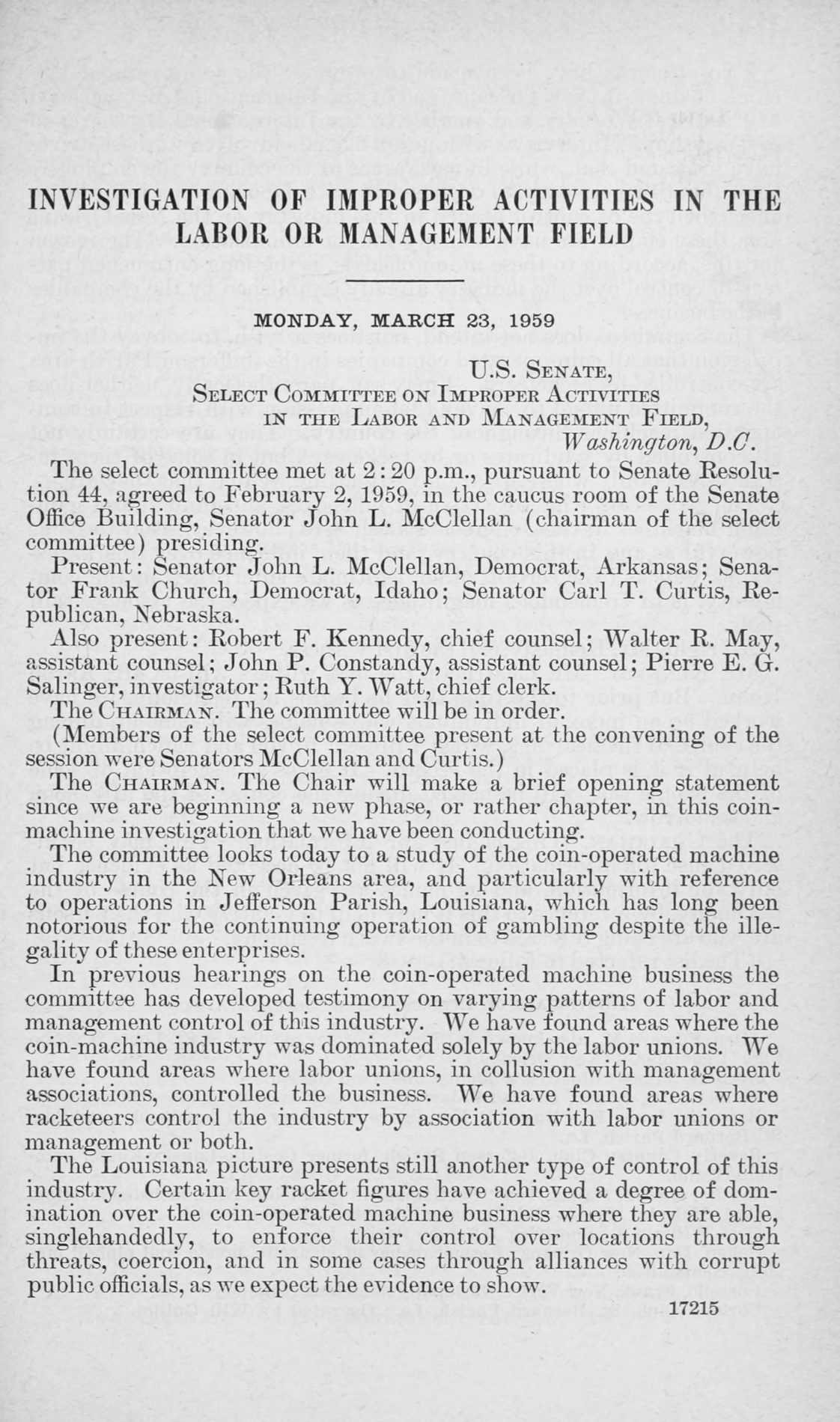 Printed page 17215 of the McClellan Committee hearings, Monday, March 23, 1959: the chairman's opening statement on the coin-operated machine industry in the New Orleans area and Jefferson Parish.