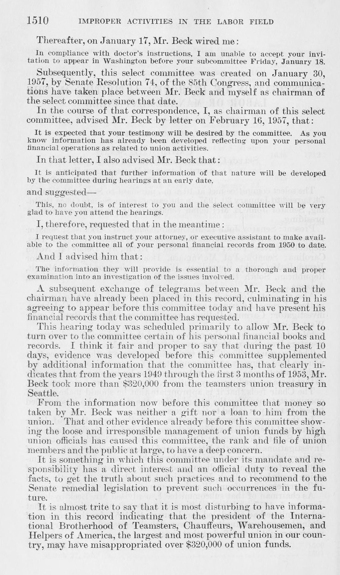 Printed page 1510 of the McClellan Committee hearings: the chairman's statement that from 1949 through early 1953 Mr. Beck took more than $320,000 from the Teamsters union treasury in Seattle.