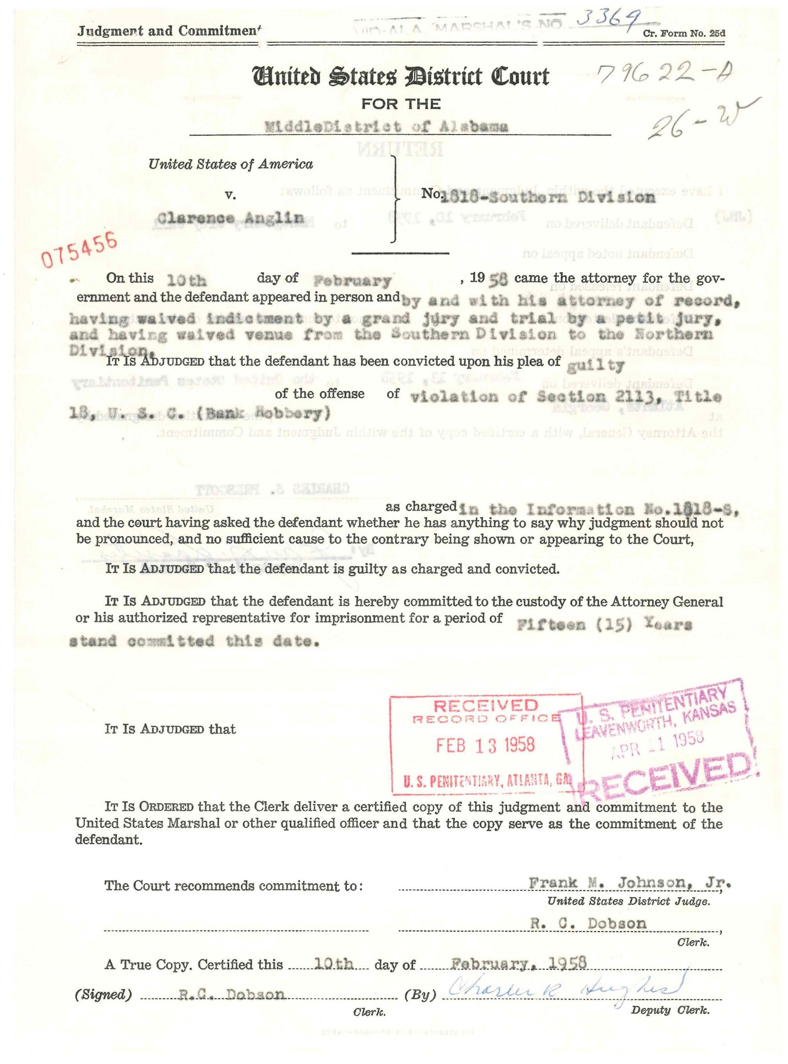 Page 3 of the scanned file: a Judgment and Commitment form of the United States District Court for the Middle District of Alabama, dated 10 February 1958, in United States of America v. Clarence Anglin, No. 1818-Southern Division, committing him for fifteen years for bank robbery under Title 18, Section 2113, with Atlanta and Leavenworth receipt stamps.
