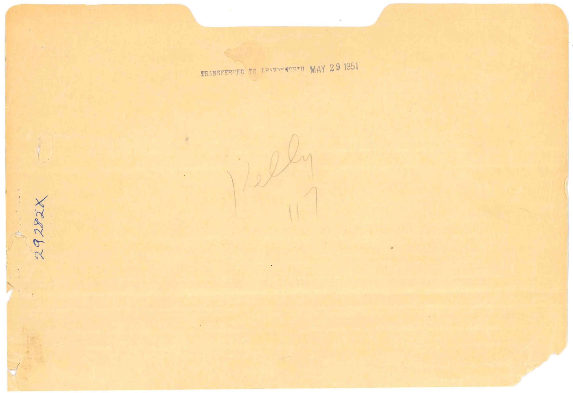 Page 1 of the scanned file: a manila folder cover marked in pencil "Kelly 117" and stamped "Transferred to Leavenworth May 29 1951."