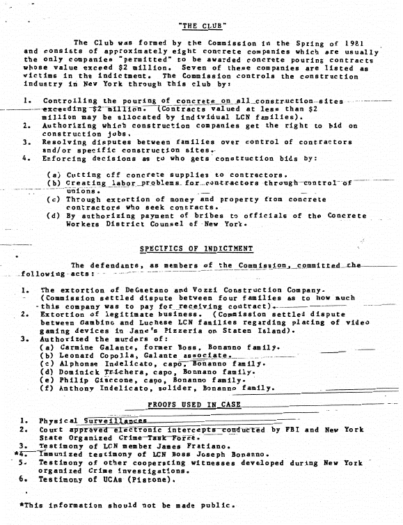PDF page 13 of Reagan Library folder JGR/Department of Justice (3 of 5): an FBI briefing outline with sections headed "The Club," "Specifics of Indictment" and "Proofs Used in Case," ending with the line "Testimony of UCAs (Pistone)"
