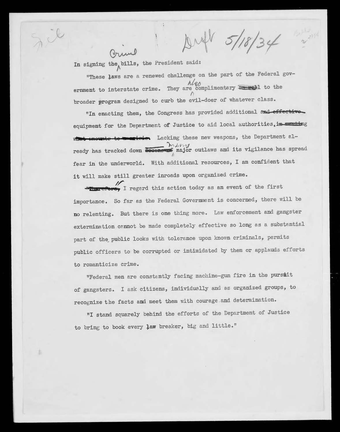 Page 2 of the file (page 1 is the folder tab): a typed draft marked "Draft 5/18/34" beginning "In signing the crime bills, the President said," with handwritten insertions and words struck through.