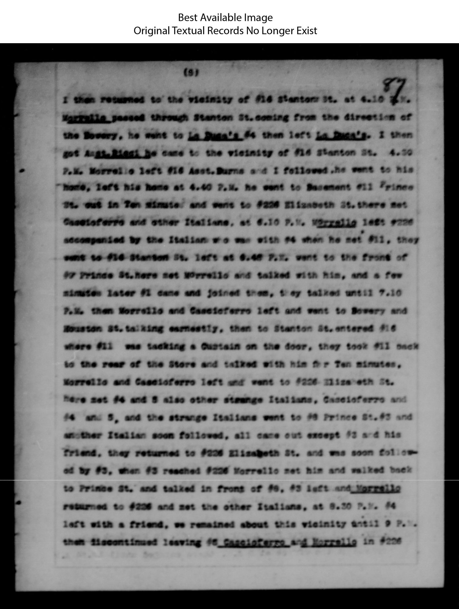 Blurred microfilm image of a typed Secret Service report page numbered 87, following Morrello between Stanton Street, Prince Street and Elizabeth Street on 13 April 1903.