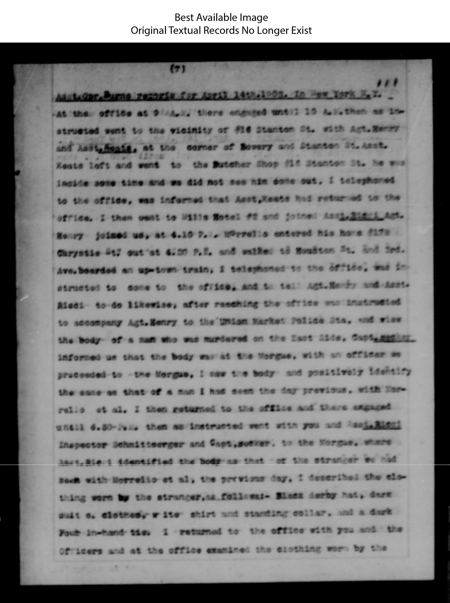 Blurred microfilm image of a typed Secret Service report page numbered 111: Assistant Operative Burns's report for 14 April 1903, identifying the body at the Morgue.