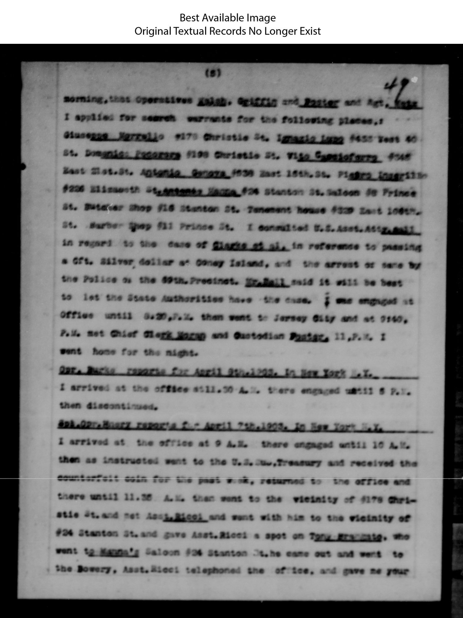 Blurred microfilm image of a typed Secret Service report page numbered 49, listing places for search warrants, including those of Giuseppe Morrello and Ignazio Lupo.