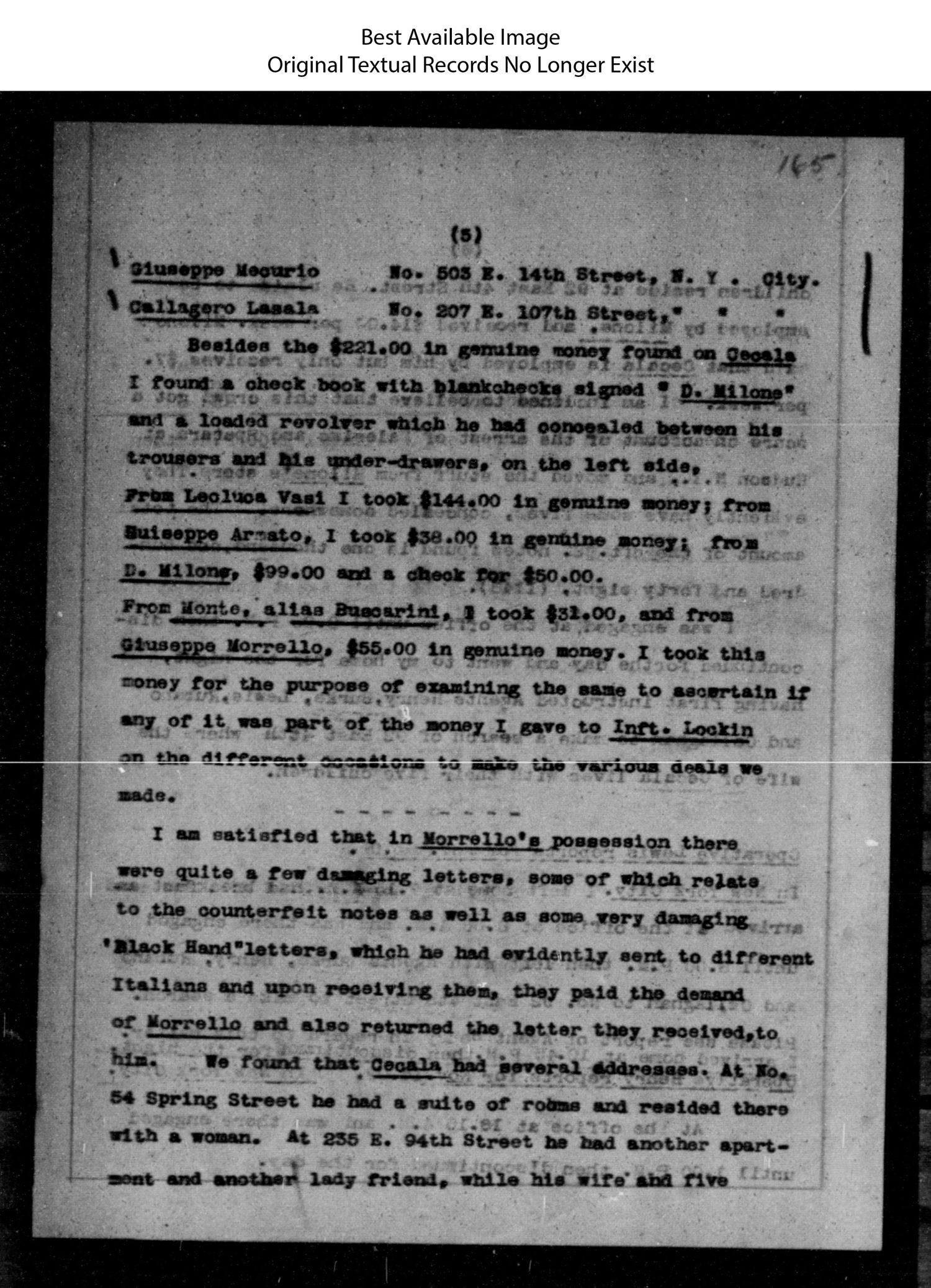 Microfilm image of a typed Secret Service report page numbered 165, listing money taken from several men and stating the agent's belief about 'Black Hand' letters in Morrello's possession.