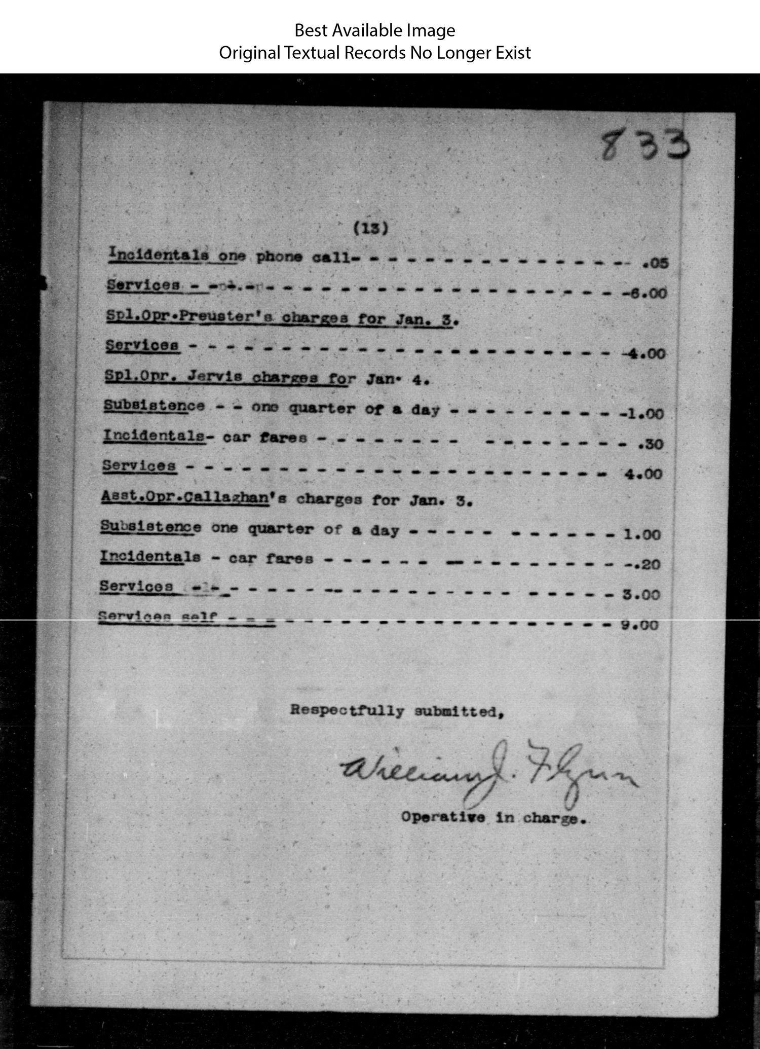 Microfilm image of a typed Secret Service charges page numbered 833, ending 'Respectfully submitted' with the signature of William J. Flynn, Operative in charge.
