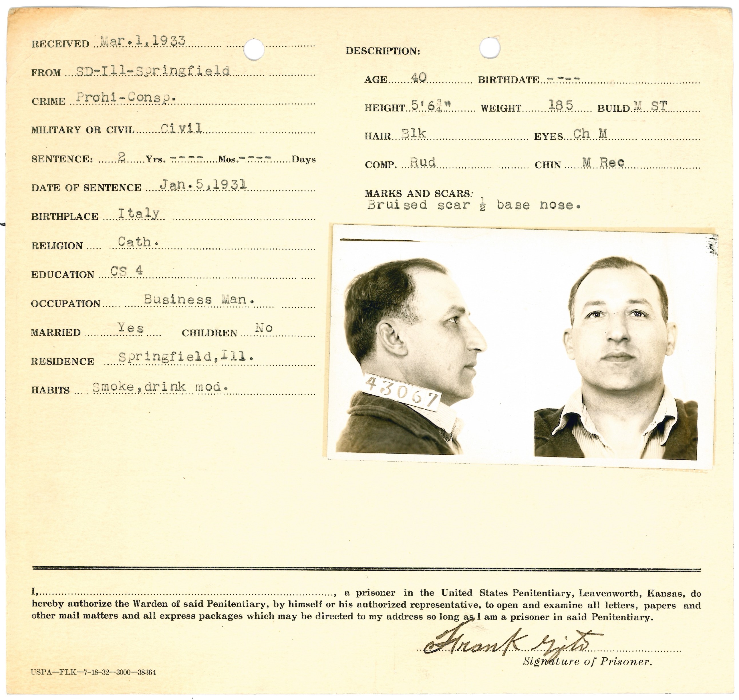 Leavenworth record card with front and profile photographs of Frank Zito and typed entries.