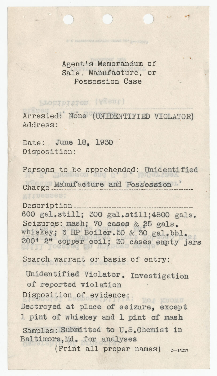 A printed Bureau of Prohibition case-memorandum form filled in by typewriter.