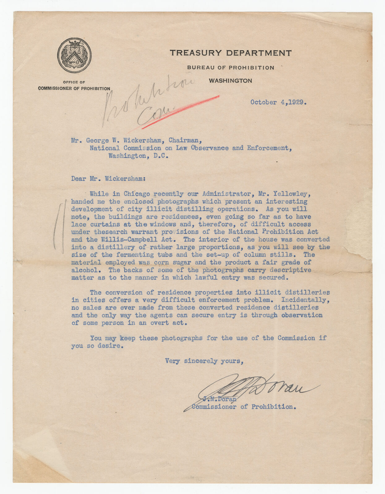 Typed Bureau of Prohibition letter from Commissioner Doran to the chairman of the Wickersham Commission.