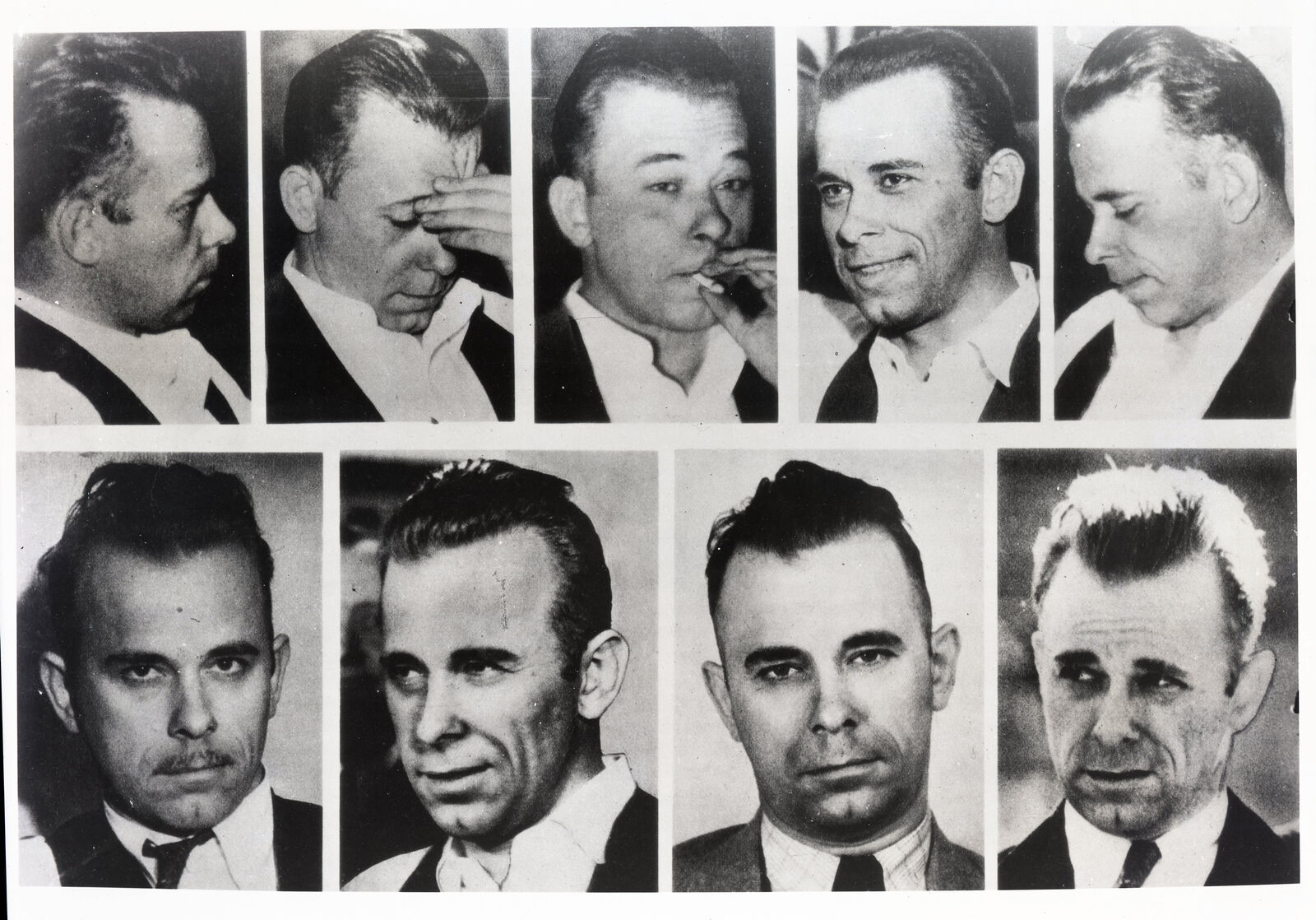 Composite of nine black-and-white head-and-shoulders photographs of John Dillinger, five in the top row and four in the bottom row, at different angles and dates.