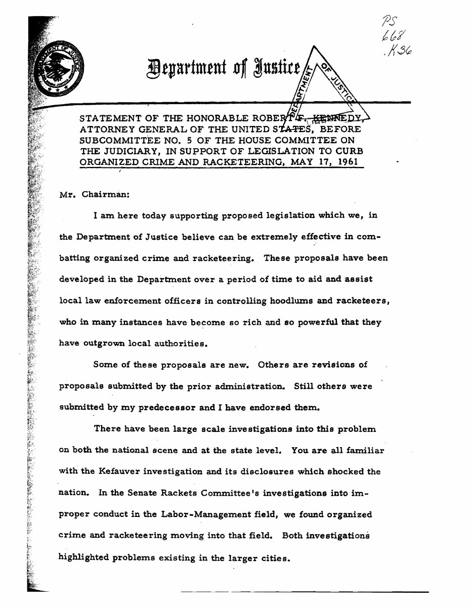 First page of a typed Department of Justice statement with the department seal: Statement of the Honorable Robert F. Kennedy, Attorney General of the United States, before Subcommittee No. 5 of the House Committee on the Judiciary, in support of legislation to curb organized crime and racketeering, May 17, 1961