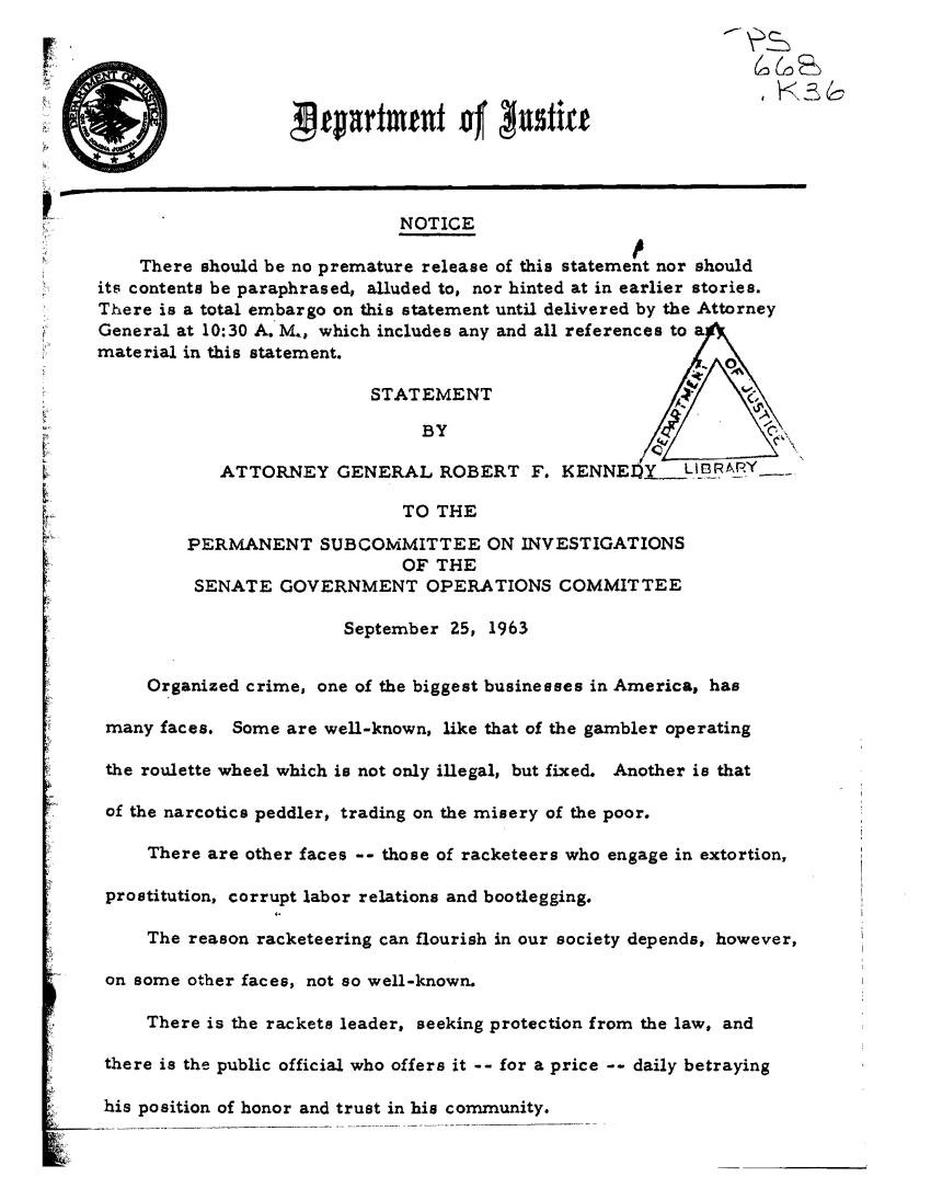 Page 1 of the PDF: a Department of Justice release headed "Notice" and "Statement by Attorney General Robert F. Kennedy to the Permanent Subcommittee on Investigations of the Senate Government Operations Committee, September 25, 1963," stamped by the Department of Justice Library.