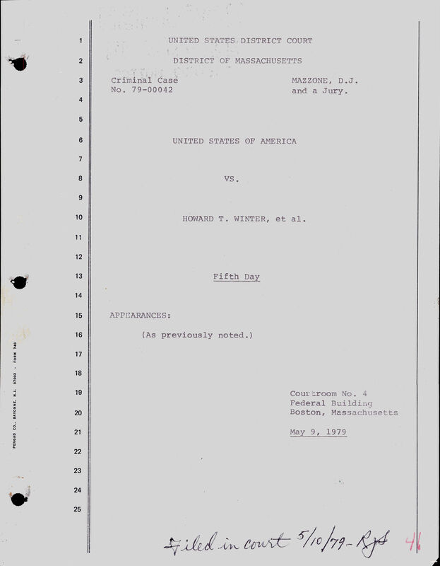 Typed transcript cover with numbered lines: Criminal Case No. 79-00042, Mazzone, D.J. and a Jury, United States of America vs. Howard T. Winter, et al., Fifth Day, Courtroom No. 4, Federal Building, Boston, May 9, 1979, with a handwritten filing note
