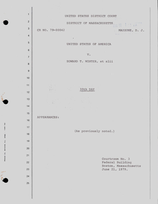 Typed transcript cover with numbered lines: CR No. 79-00042, Mazzone, D. J., United States of America v. Howard T. Winter, et alii, 30th Day, Courtroom No. 3, Federal Building, Boston, June 21, 1979