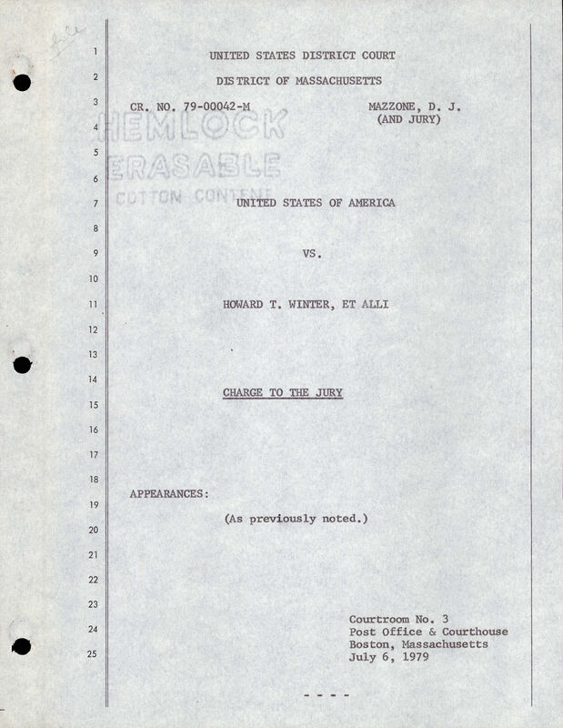 Typed transcript cover with numbered lines: Cr. No. 79-00042-M, Mazzone, D. J. (and Jury), United States of America vs. Howard T. Winter, et alli, Charge to the Jury, Courtroom No. 3, Post Office & Courthouse, Boston, July 6, 1979; a paper watermark shows through