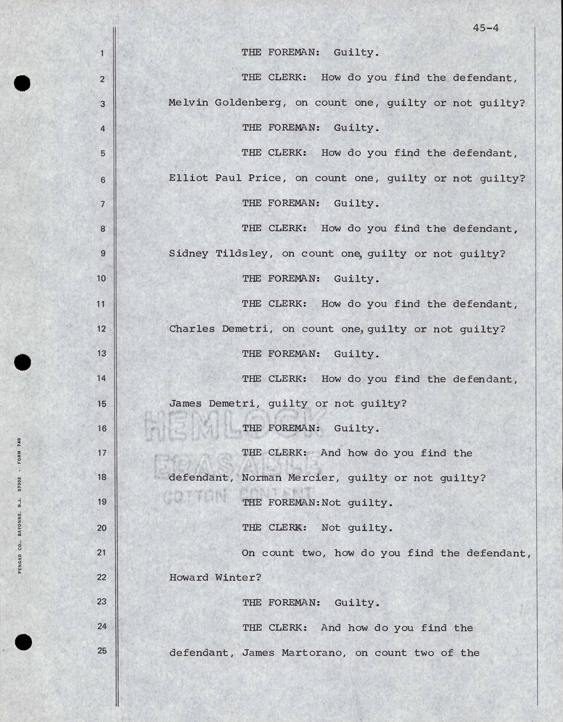Transcript page 45-4 with numbered lines, recording the clerk asking how the jury finds each defendant and the foreman answering Guilty or Not guilty
